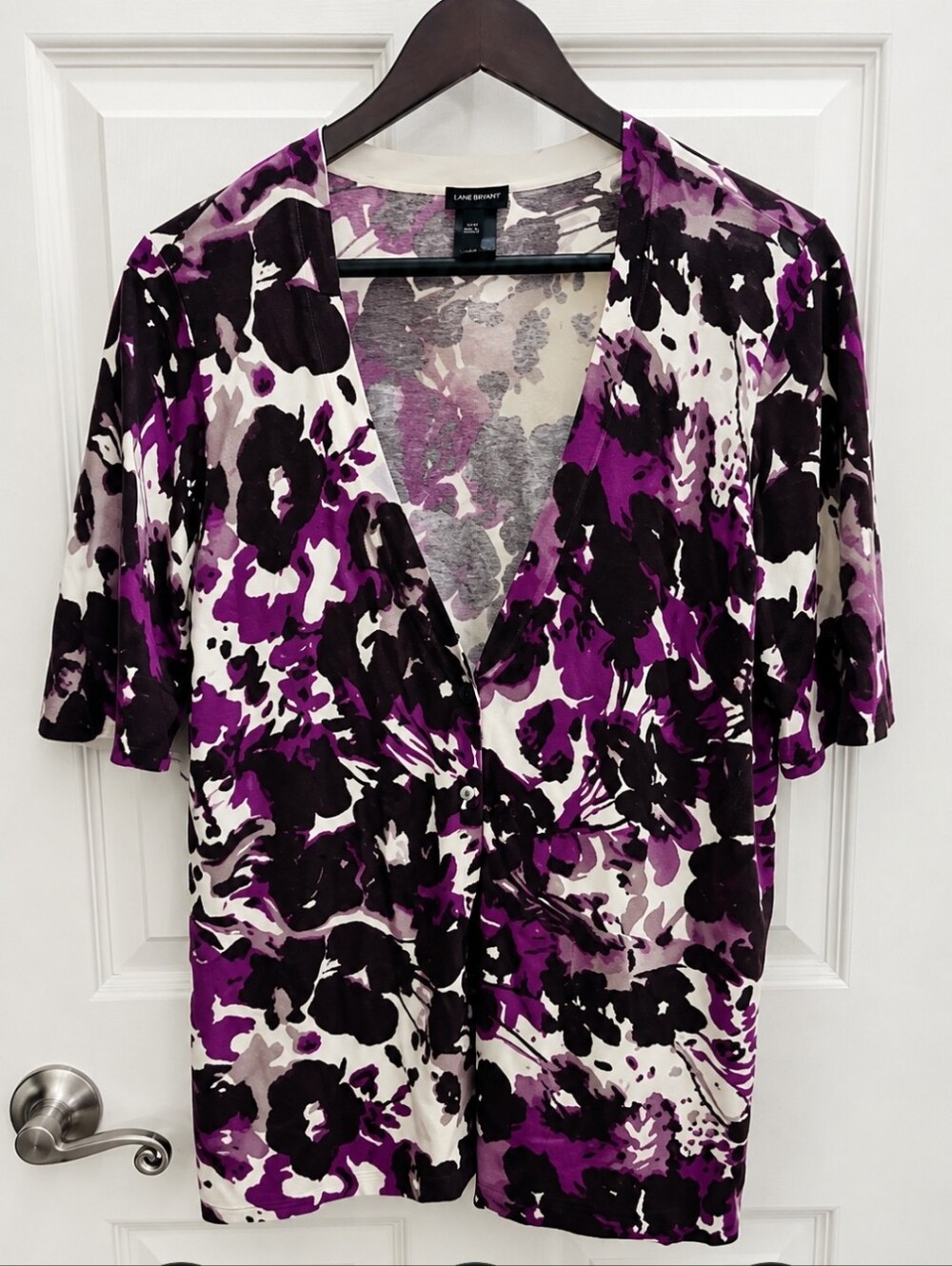 Ann Taylor Pink Floral Deep Vneck Button Up Short Sleeve Cardigan Sz XL